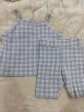 Zara Light Blue and White Gingham Knit Tank + Shorts Set